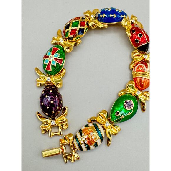 Vintage Joan Rivers Enamel Egg Bracelet with Ladybug Faberge Style - Picture 6 of 7
